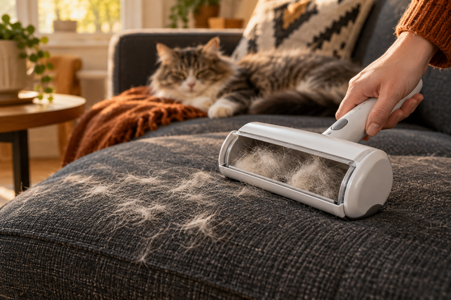 Reusable roller gathering pet hair from upholstery