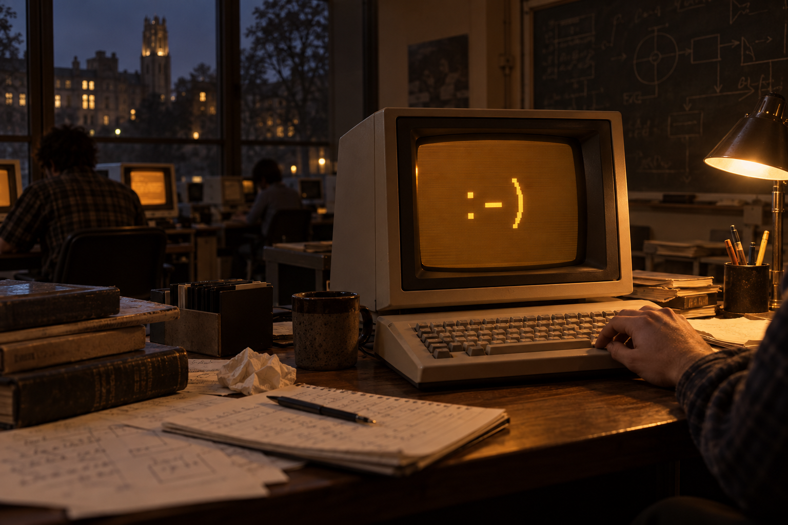 Original editorial scene of an early-1980s university computer terminal at night