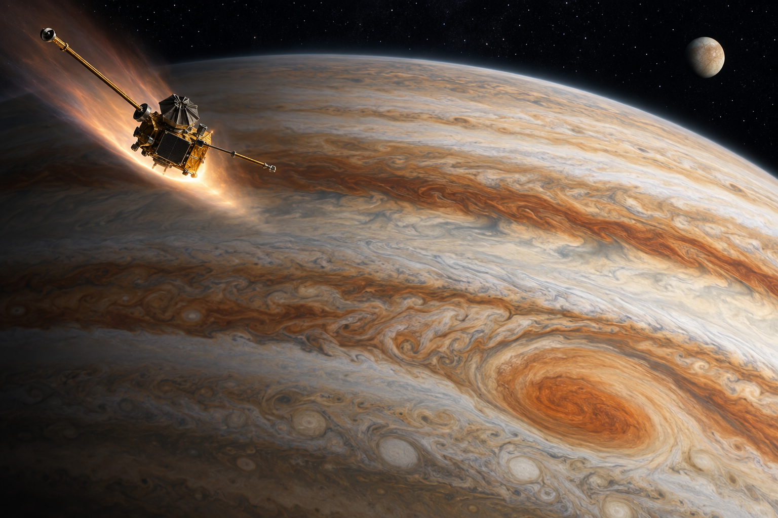 Original editorial illustration of the Galileo orbiter with its furled antenna entering Jupiter while Europa hangs in the distance