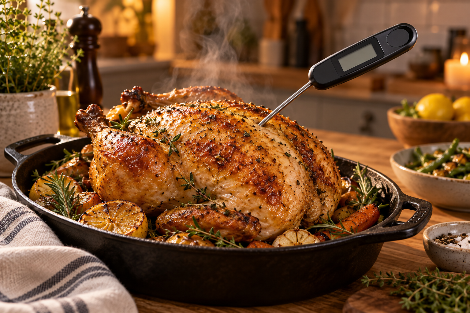 Instant-read thermometer checking food temperature
