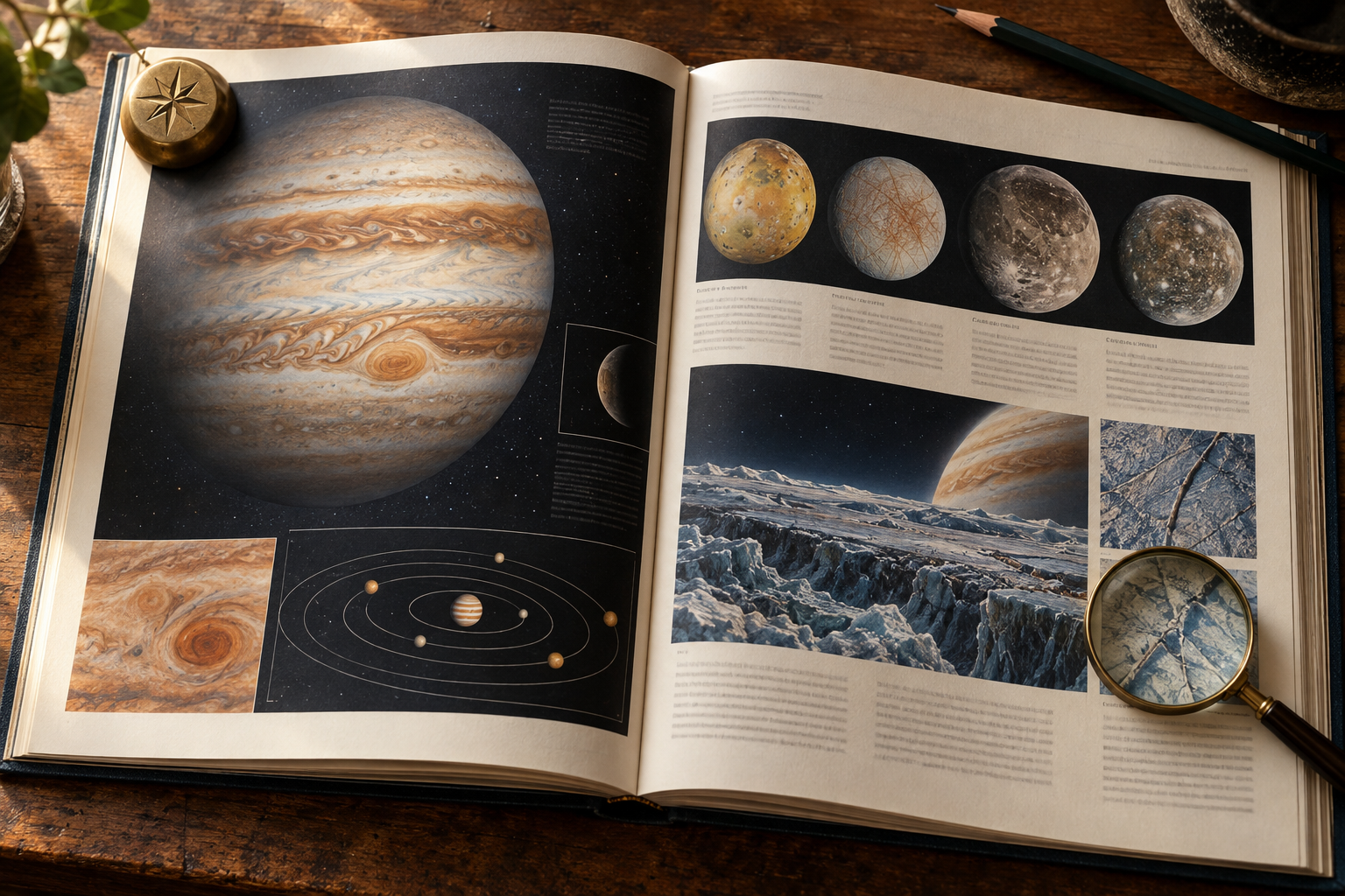 Original editorial overhead still life of an illustrated solar-system reference book open to Jupiter and its moons